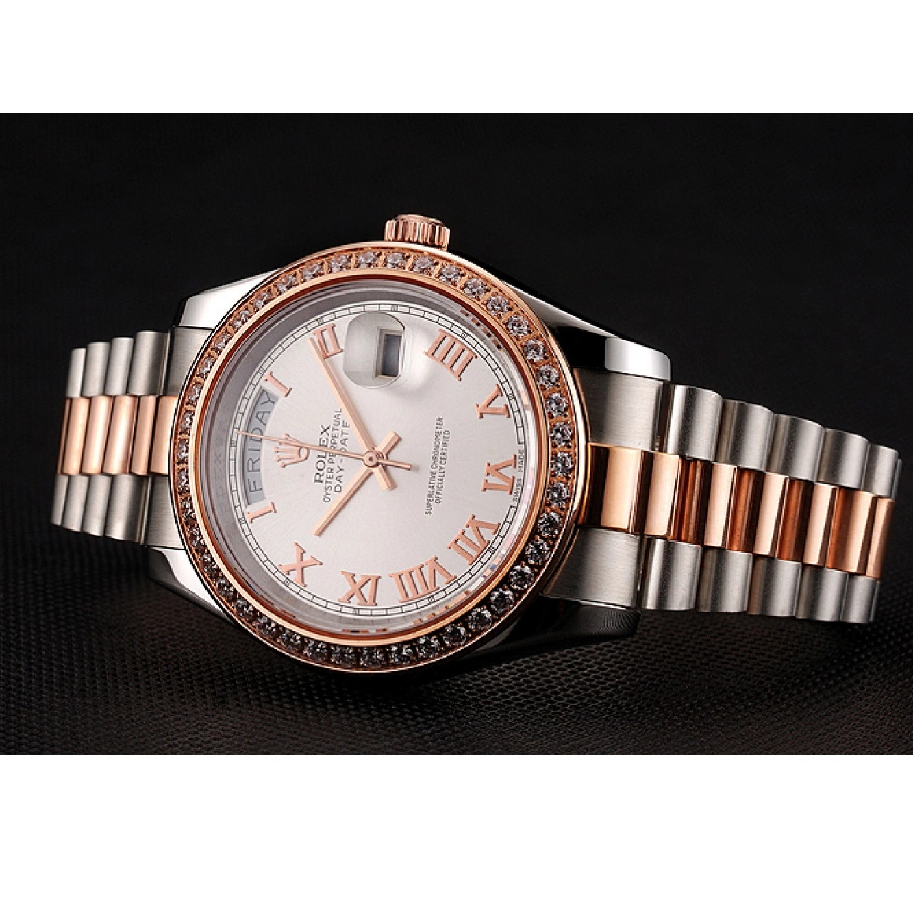 Good copy rolex watches 1454108 Steel Gold Rose Bezel Bracelet Swiss Diamonds Day-Date Staineless Rolex And Dial White 0524